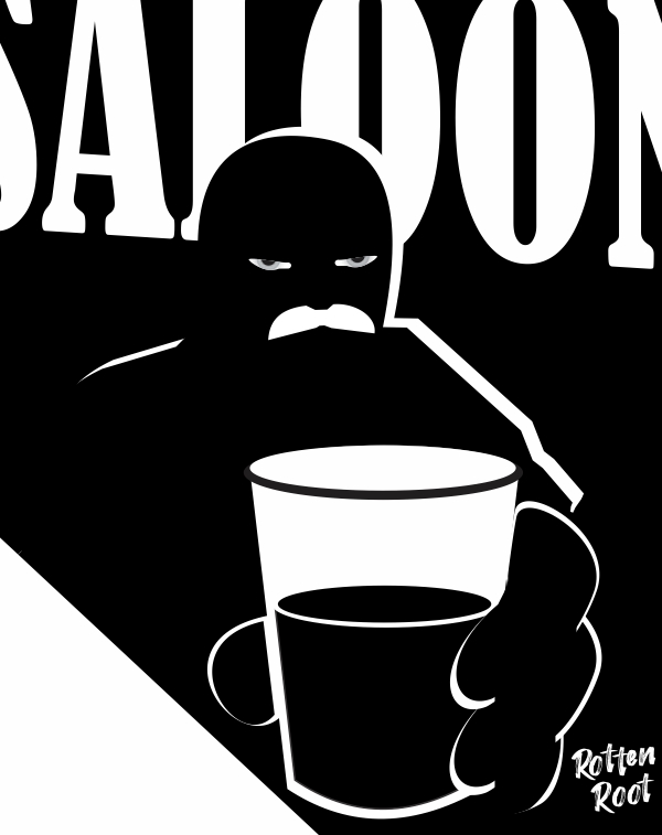 Ilustração com a silhueta de metade do corpo de um homem de bigode que oferece um copo de bebida atrás de um balcão. Atrás do homem, aparece escrita parcialmente a palavra SALOON